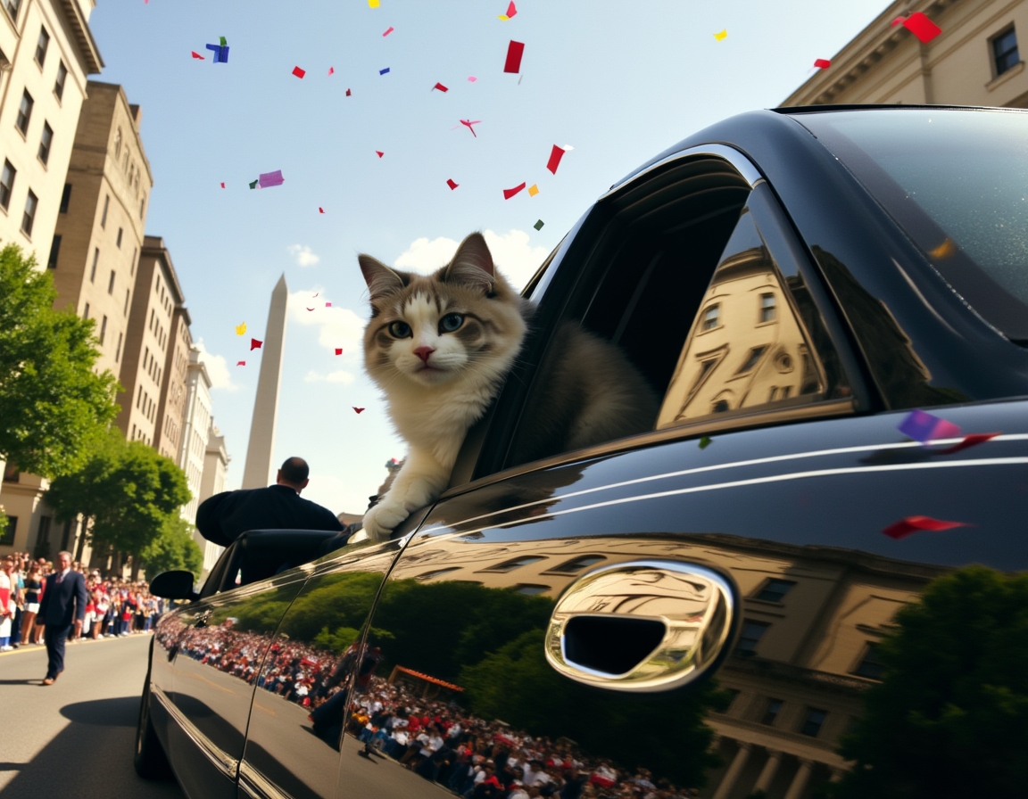 Cat in a celebratory motorcade, enjoying the confetti and cheering crowds during the inauguration parade.
